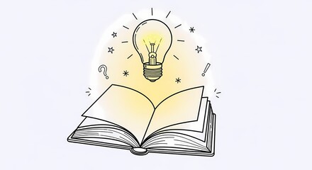 A glowing light bulb of an idea emerges from an open book, a concept illustration representing knowledge, creative inspiration, and learning