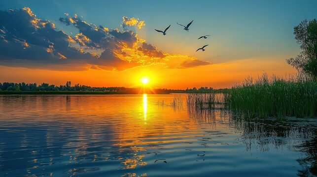 Golden sunset over calm lake, with birds flying and reflections