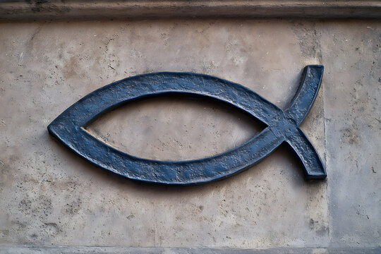 Ichthys (Christian fish symbol) carved into a stone wall. Represents faith, belief, and Christian identity.