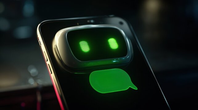 Futuristic smartphone device with green glowing chatbot interface and expressive eyes showcasing technology and communication innovation - Powered by Adobe