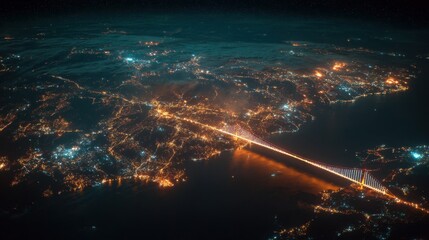 Stunning Aerial View of Cityscape with Vibrant Lights and Busy Bridge at Night from Space