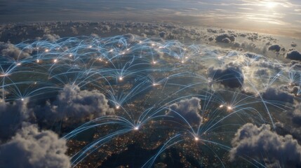 Abstract Visualization of Global Connectivity with Lights and Clouds Forming a Network Over a Digital Landscape