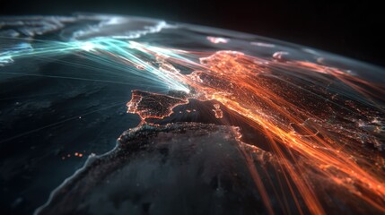 Abstract Visualization of Global Connections and Data Flow Over Europe and Africa at Night with Bright Light Trails
