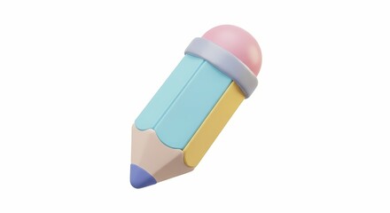 A charming 3D cartoon pencil icon in soft pastel colors, symbolizing creativity, education, and writing. Isolated graphic element for design projects