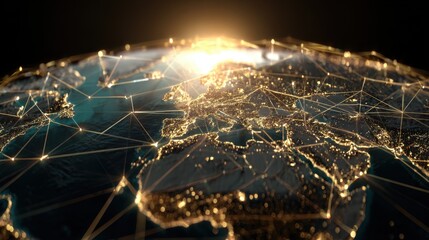Digital world map visualization with glowing network connections and sunrise over Europe and Africa in high-resolution imagery