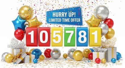 Hurry up limited time offer with large numbers balloons gifts confetti celebration