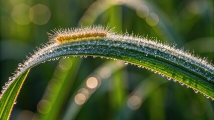 Fototapeta premium A close-up of a dew-covered grass blade glistening in soft light, with blurred green and bokeh backgrounds enhancing its delicate beauty.