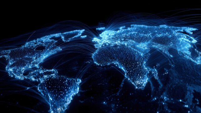 Electric Blue Glow of Global Connectivity Network on Earth Representing Communication and Technology Advancements