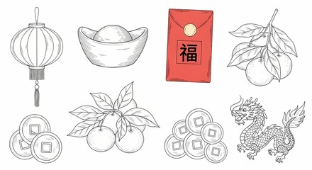 Hand-drawn collection of traditional Chinese New Year symbols for good luck and prosperity, including a dragon, lantern, and red envelope sketch illustration