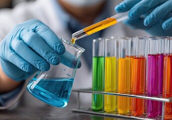 a female scientist is pouring a blue liquid into a test tube in a laboratory close-up. the female scientist's hands, wearing gloves, are holding a beaker and test tubes