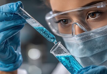 a female scientist is pouring a blue liquid into a test tube in a laboratory close-up. the female scientist's hands, wearing gloves, are holding a beaker and test tubes