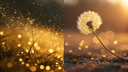 Golden dandelion seed head with bokeh lights in warm sunlight