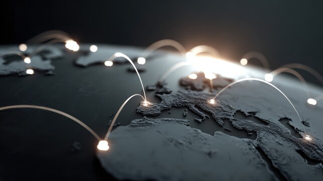 Global network connections illustrating digital communication and data exchange across different continents and locations worldwide - Powered by Adobe