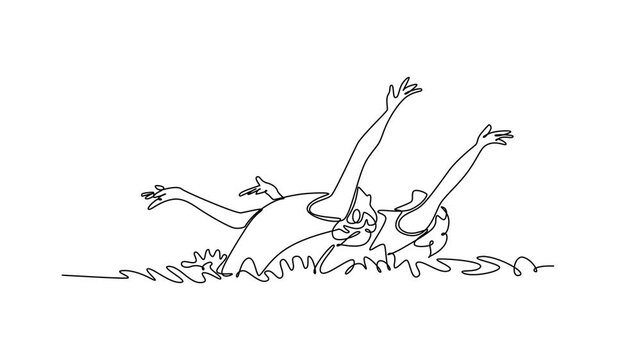 Animated self drawing of continuous line draw two women are performing synchronized back layout sculling with arms extended. Grace and fluid motion of the aquatic sport. Full length one line animation