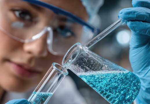 a female scientist is pouring a blue liquid into a test tube in a laboratory close-up. the female scientist's hands, wearing gloves, are holding a beaker and test tubes - Powered by Adobe