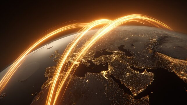 Global Connectivity and Communication Through Illuminated Pathways Over Earth's Surface Depicting Modern Technology and Networks