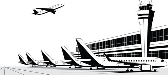 Airport terminal silhouette, airplane lineup, control tower, aircraft takeoff, aviation infrastructure, black and white, air travel, runway scene, transportation hub, vector style, minimal design