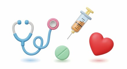 A collection of 3D medical and healthcare icons featuring a stethoscope, syringe, pill, and heart symbol, representing wellness and treatment