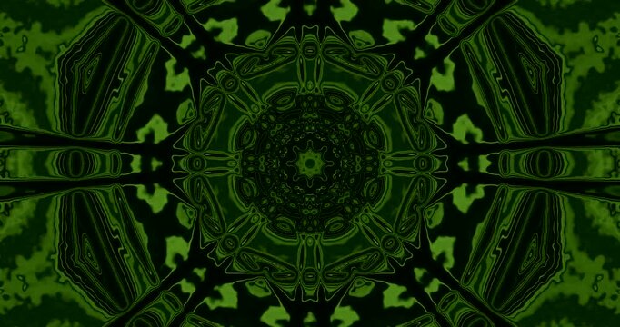 This dynamic video loop features intricate geometric patterns and vibrant green colors, creating an immersive tunnel effect that repeats seamlessly. Perfect for screensavers.