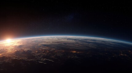 Obraz premium Stunning Earth Horizon at Sunrise from Space with Clear Atmosphere and Dark Starry Background