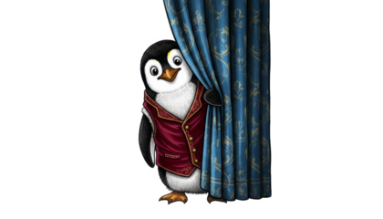 Cute Cartoon Penguin Peeking Behind Blue Curtains