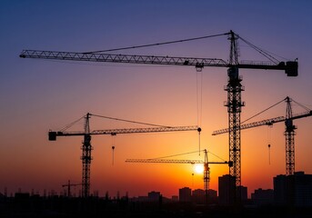 Construction cranes against sunset