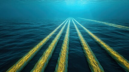 Underwater Fiber Optic Cables Illuminating the Ocean Depths with Bright Yellow Light and A Sense of Connectivity in the Sea