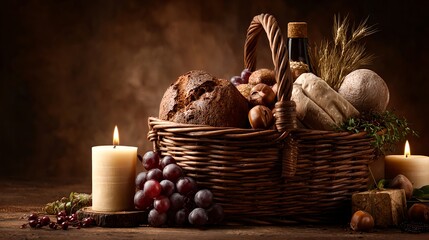A basket of food and candles on a table. The basket contains bread, grapes, and nuts. The candles are lit, creating a warm and inviting atmosphere. Concept of comfort and relaxation