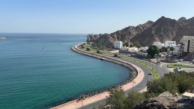 Muscat Corniche 4K Waterfront Coastal Cityscape Mutrah Harbor Oman Gulf Middle East Seaside Promenade Footage