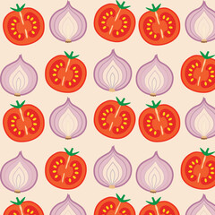 A fresh and vibrant pattern design featuring neatly sliced onion and tomato halves. Perfect for food-themed packaging, kitchen textiles, recipe illustrations, and modern culinary design projects.
