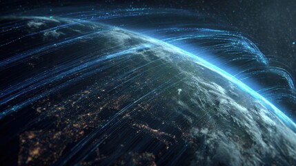 Dynamic Earth View with Illuminated Cities and Flowing Data Streams Over Curved Planet Surface at Night