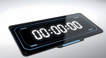 Digital countdown timer displaying zeros on a sleek futuristic black screen device