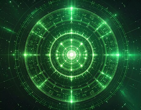 Abstract mandala made from cascading green Matrix code with holographic glowing digital background