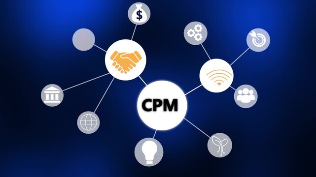 C P M marketing strategy concept diagram handshake money gears target wifi people globe bank lightbulb growth digital advertising business model
