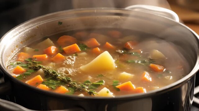 Vegetable Soup Boiling in Metal Pot on Stove Top, Close Up