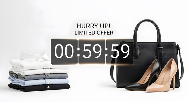 Hurry up limited offer countdown timer with clothes, handbag, high heels