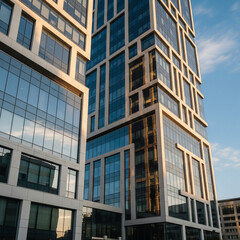 Obraz premium Modern architecture showcases a thriving urban center with gleaming glass and steel, perfect for corporate identity and real estate investment, stylish design