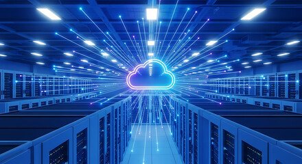Advanced cloud computing infrastructure with secure data storage and fast global network connections in a modern server room