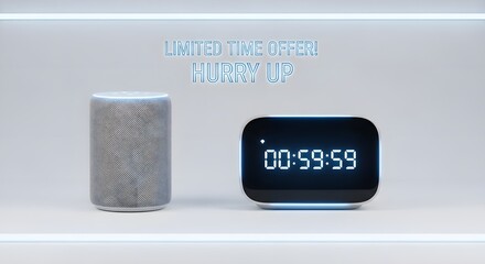 Smart speaker and digital clock displaying sale countdown in bright illuminated setting