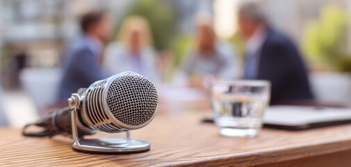 microphone on table during professional roundtable discussion, with blurred participants in background, creating engaging atmosphere for dialogue and collaboration. interview and presentation concept