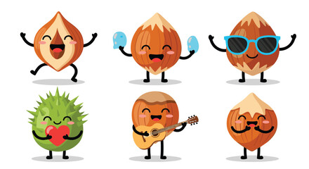A collection of six happy animated hazelnuts in various poses holding gifts and playing music.