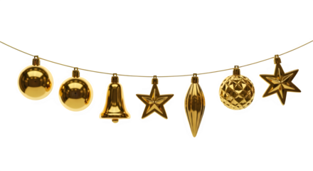 Golden christmas ornaments hanging on a string isolated on transparent background