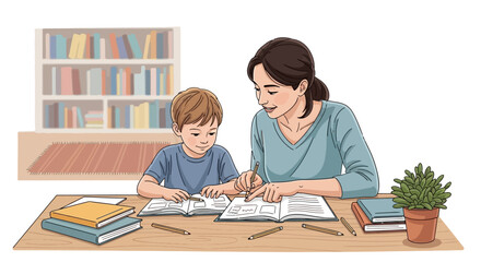 Dedicated mother helping her son with homework at home, fostering education and creating lasting bonds in a bright, comfortable learning environment