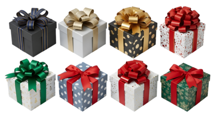 Collection of eight festive gift boxes with colorful bows, isolated on transparent background