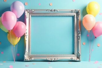 Silver photo frame, rainbow balloons, confetti burst, pastel blue, airy, pastel
