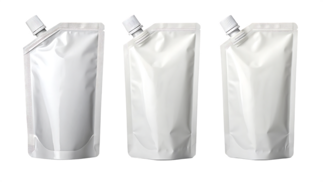 Three blank white pouches with spouts isolated on black background isolated on white background isolated on transparent background