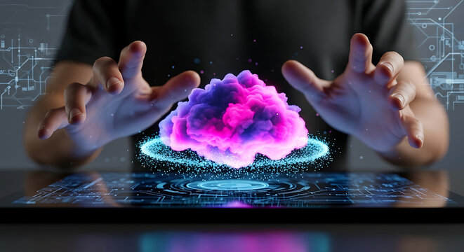 Hands reaching for abstract glowing cloud from futuristic tablet, symbolizing advanced technology, ai, data, and digital connection.