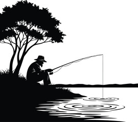 Old Fisherman Sitting on Riverbank Black & White Silhouette Vector