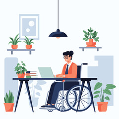 Illustration of a person in a wheelchair working at a desk with plants.