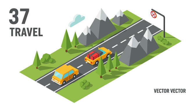 Road trip adventure with cars on scenic route, perfect for travel blogs or vacation promotions, featuring minimalist mountains and a fun, playful style